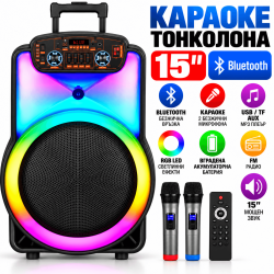 Преносима Парти Тонколона 15″ 2000 W с LED Осветление и 2 Безжични Микрофона