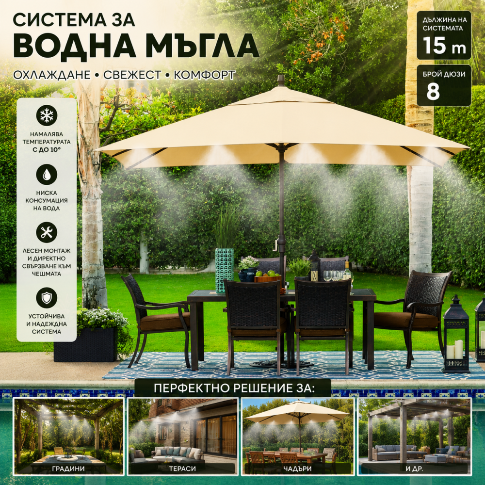 Система за Охлаждане с Водна Мъгла 15м