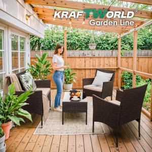 Луксозен Сет Градински Ратанови Мебели – 2 Кресла, Диван и Маса KRAFT WORLD GARDEN