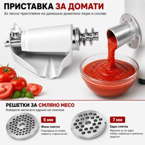 Месомелачка с Приставка за Домати и Решетки 5 и 7 мм – За Месо и Доматен Сок