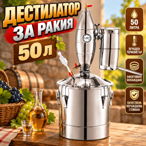 Дестилатор за Ракия 50л от Неръждаема Стомана с Охладител – Казан за ракия 50л